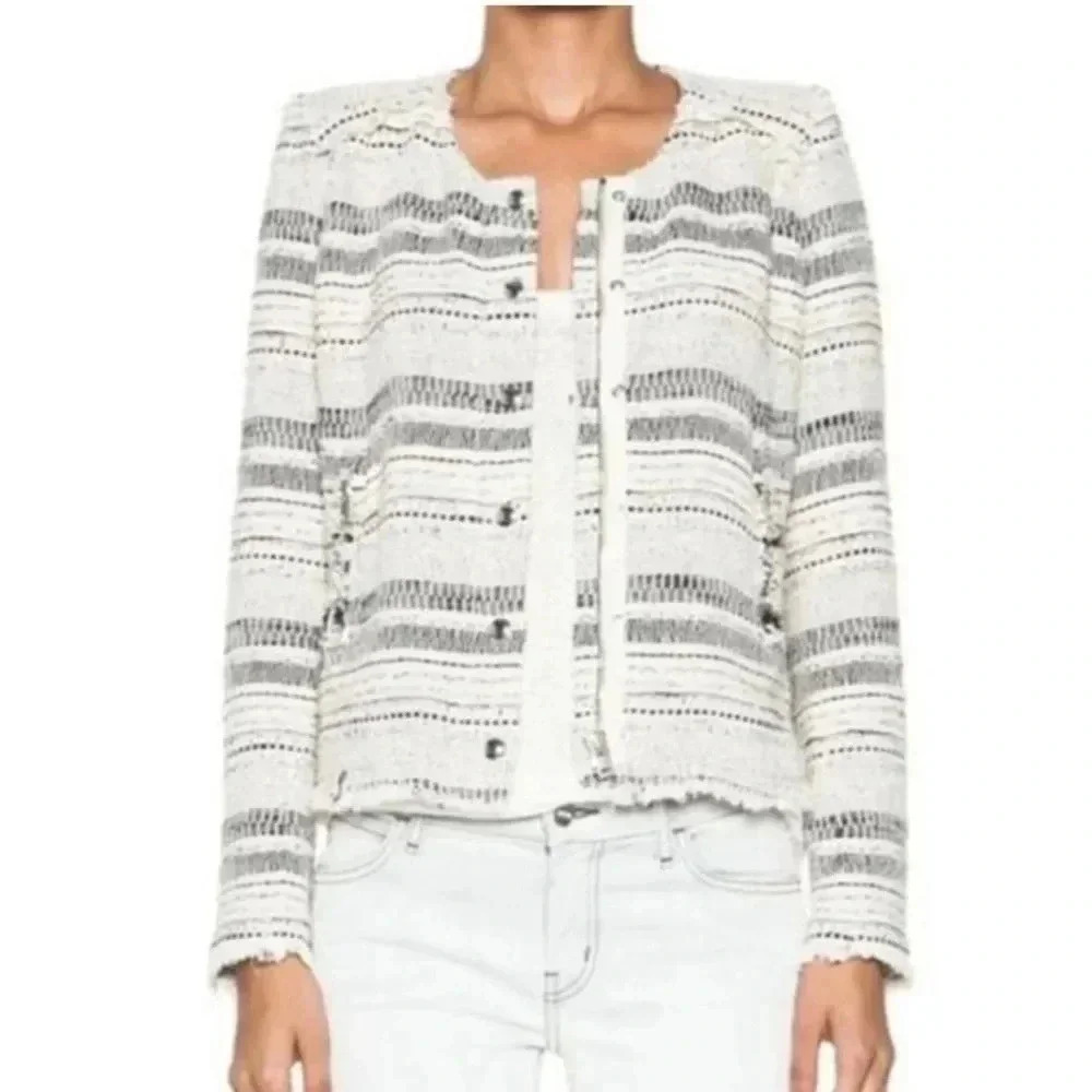 Iro XS Lizzie Tweed Boucle Distressed Black and Cream Zip Up Blazer Jacket - Picture 2 of 10